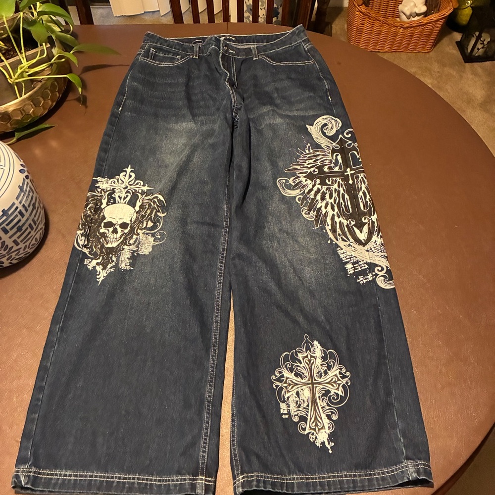 Hot Topic Blue Skull Wide-Leg Jeans Size 32x32
